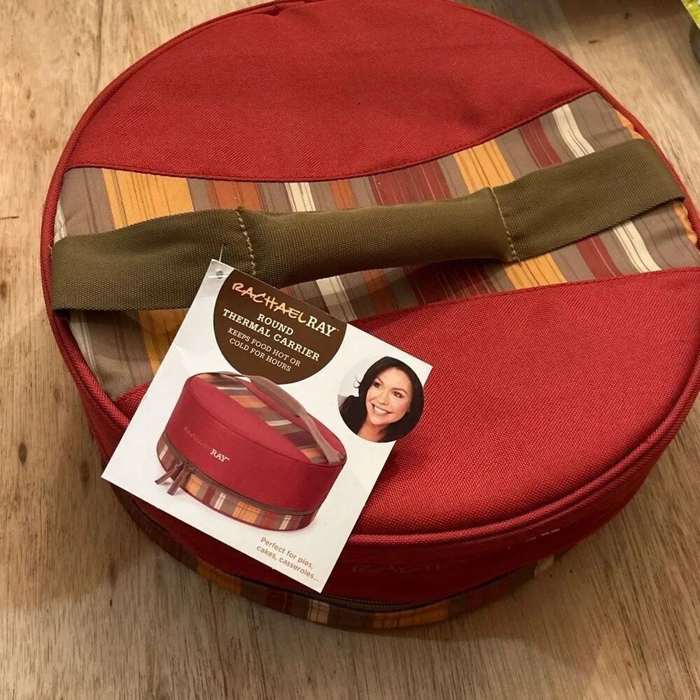 New Rachel Ray round thermal carrier keeps foods hot or cold red